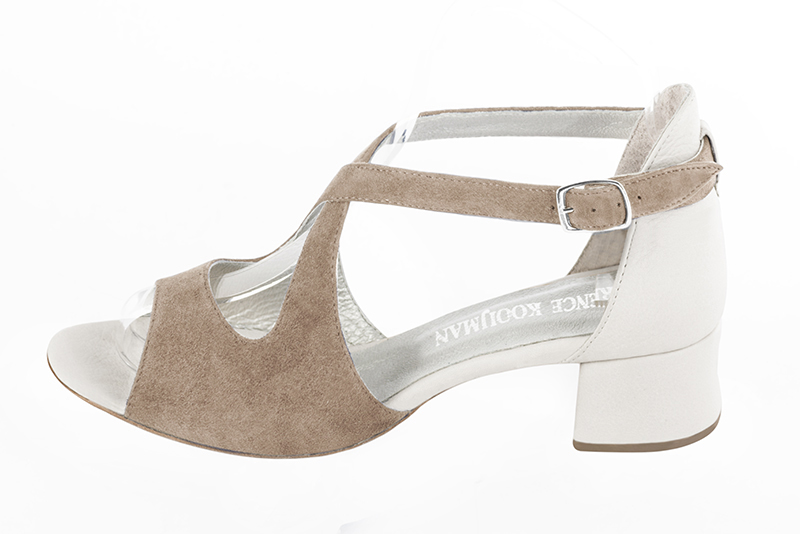 Tan beige and off white women's closed back sandals, with crossed straps. Round toe. Low flare heels. Profile view - Florence KOOIJMAN